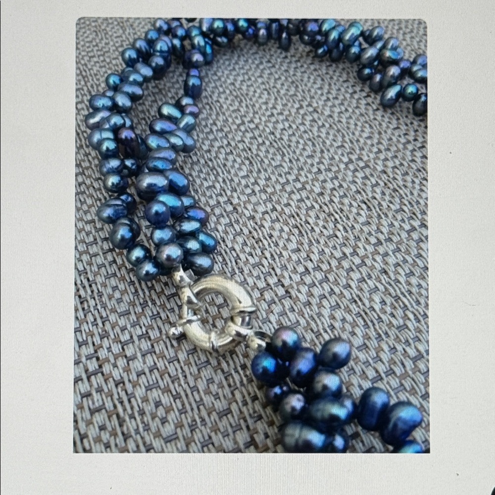 Black Cultured Freshwater Pearl 3 Strand Twisted Necklace Sterling Silver Toggle